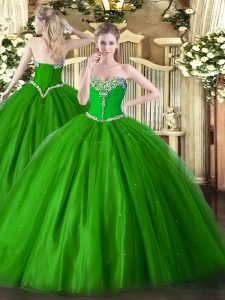 Green Tulle Lace Up Quinceanera Dress Sleeveless Floor Length Beading