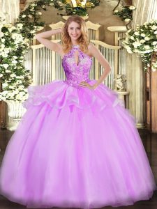 Glittering Lilac Lace Up Halter Top Beading Quinceanera Dress Organza Sleeveless
