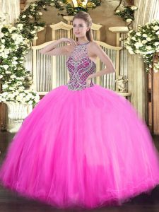 High Class Rose Pink Ball Gowns Beading Quinceanera Dresses Lace Up Tulle Sleeveless Floor Length