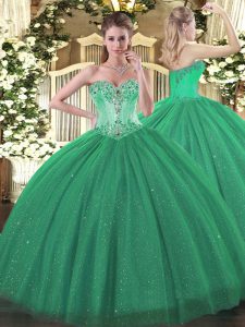 Turquoise Ball Gowns Sweetheart Sleeveless Tulle and Sequined Floor Length Lace Up Beading Sweet 16 Quinceanera Dress
