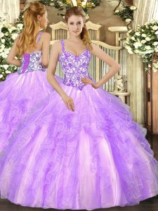 Sleeveless Floor Length Beading and Appliques and Ruffles Lace Up Ball Gown Prom Dress with Lavender