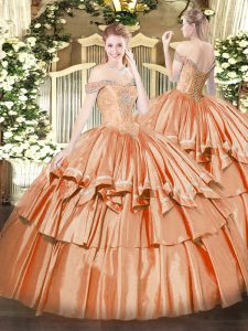 Exceptional Orange Red Ball Gowns Off The Shoulder Sleeveless Organza Floor Length Lace Up Beading and Ruffled Layers Quinceanera Dress