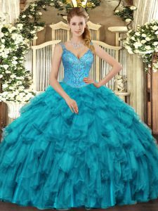 Ideal Floor Length Teal Quinceanera Dresses V-neck Sleeveless Lace Up