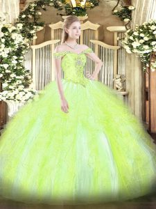 Pretty Yellow Green Sweet 16 Dresses Military Ball and Sweet 16 and Quinceanera with Beading and Ruffles Off The Shoulder Sleeveless Lace Up