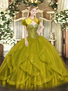 Amazing Olive Green Ball Gowns Tulle Sweetheart Sleeveless Beading and Ruffles Floor Length Lace Up Quince Ball Gowns