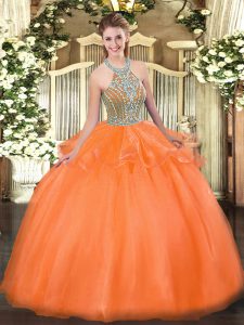 Orange Red Ball Gowns Beading and Ruffles Sweet 16 Dress Lace Up Tulle Sleeveless Floor Length