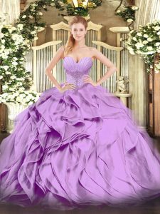 Inexpensive Sweetheart Sleeveless 15 Quinceanera Dress Floor Length Beading and Ruffles Lavender Organza