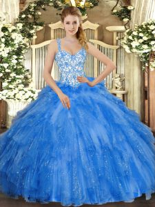Inexpensive Blue Organza Lace Up Straps Sleeveless Floor Length Quinceanera Dresses Beading and Ruffles
