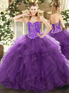 Sweetheart Sleeveless Quinceanera Gowns Floor Length Beading and Ruffles Eggplant Purple Tulle