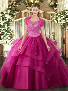 Deluxe Beading and Ruffles 15 Quinceanera Dress Hot Pink Clasp Handle Sleeveless Floor Length