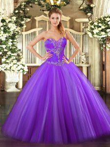 Eggplant Purple Tulle Lace Up Quince Ball Gowns Sleeveless Floor Length Beading