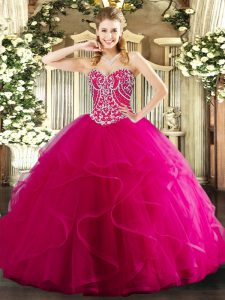 Hot Pink Tulle Lace Up 15th Birthday Dress Sleeveless Floor Length Beading and Ruffles