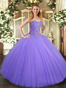 Custom Made Lavender Ball Gowns Beading Vestidos de Quinceanera Lace Up Tulle Sleeveless Floor Length