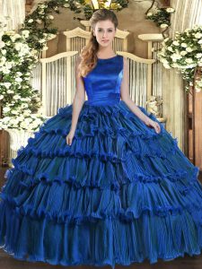 Simple Scoop Sleeveless Ball Gown Prom Dress Floor Length Ruffled Layers Royal Blue Organza