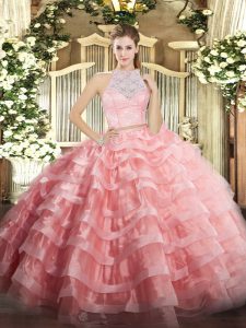 Two Pieces 15 Quinceanera Dress Watermelon Red Scoop Tulle Sleeveless Floor Length Zipper