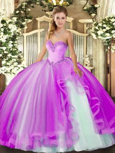 Modest Sleeveless Tulle Floor Length Lace Up Sweet 16 Dresses in Lilac with Beading and Ruffles