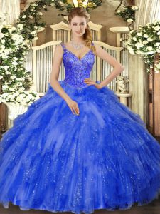 Inexpensive Royal Blue Sleeveless Floor Length Beading and Ruffles Lace Up Sweet 16 Quinceanera Dress