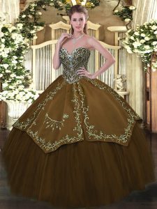 Brown Ball Gowns Taffeta and Tulle Sweetheart Sleeveless Beading and Embroidery Floor Length Lace Up Quince Ball Gowns