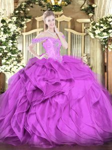 Best Selling Lilac Off The Shoulder Lace Up Beading and Ruffles Quinceanera Dress Sleeveless