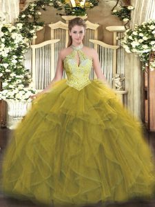 Olive Green Ball Gowns Organza Halter Top Sleeveless Beading and Ruffles Floor Length Lace Up Quinceanera Dresses