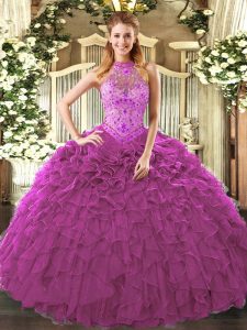 Fashionable Fuchsia Ball Gowns Halter Top Sleeveless Organza Floor Length Lace Up Embroidery and Ruffles Vestidos de Quinceanera