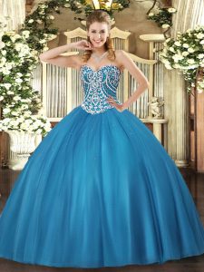 Luxury Baby Blue Sweet 16 Dress Military Ball and Sweet 16 and Quinceanera with Beading Sweetheart Sleeveless Lace Up