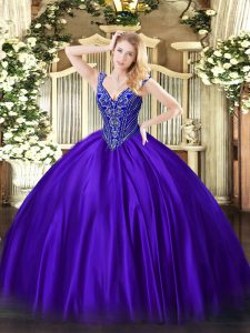 Customized Purple Lace Up V-neck Beading Quinceanera Gowns Satin Sleeveless