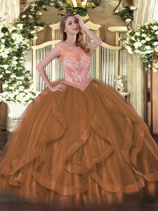 Fashionable Brown Sleeveless Tulle Lace Up Quince Ball Gowns for Sweet 16 and Quinceanera