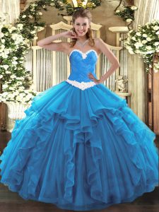 Fine Baby Blue Ball Gowns Organza Sweetheart Sleeveless Appliques and Ruffles Floor Length Lace Up Ball Gown Prom Dress