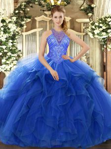 Spectacular Floor Length Ball Gowns Sleeveless Blue Sweet 16 Dresses Lace Up