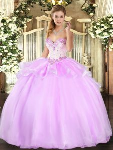 Designer Lilac Organza Lace Up Sweetheart Sleeveless Floor Length Quinceanera Dresses Beading