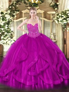 Fuchsia Ball Gowns Tulle Sweetheart Sleeveless Beading and Ruffles Floor Length Lace Up Ball Gown Prom Dress