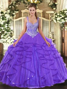 Lavender Sleeveless Tulle Lace Up Quinceanera Dress for Military Ball and Sweet 16 and Quinceanera