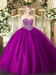 Fancy Tulle Sweetheart Sleeveless Lace Up Beading Quinceanera Gown in Fuchsia