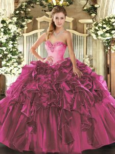 Artistic Fuchsia Lace Up Quinceanera Dress Beading and Ruffles Sleeveless Floor Length
