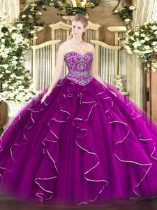 Hot Sale Fuchsia Tulle Lace Up Sweetheart Sleeveless Floor Length 15 Quinceanera Dress Beading and Ruffles