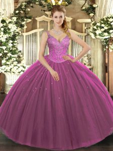 Fuchsia Ball Gowns Beading Sweet 16 Dresses Lace Up Tulle Sleeveless Floor Length