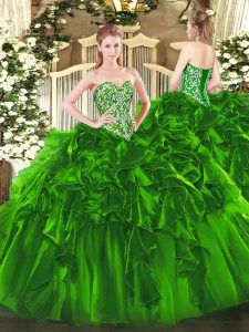 Green Ball Gowns Beading and Ruffles Sweet 16 Dresses Lace Up Organza Sleeveless Floor Length