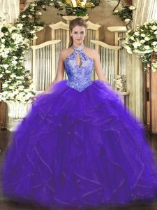 Halter Top Sleeveless Organza 15th Birthday Dress Ruffles and Sequins Lace Up