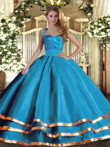 Romantic Baby Blue Ball Gowns Halter Top Sleeveless Tulle Floor Length Lace Up Ruffled Layers Sweet 16 Dress