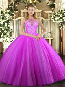 Sleeveless Tulle Floor Length Lace Up Quince Ball Gowns in Fuchsia with Beading