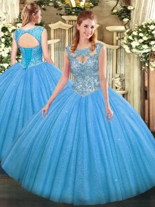 Baby Blue Ball Gowns Scoop Sleeveless Tulle Floor Length Lace Up Beading Quince Ball Gowns