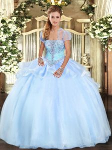 Wonderful Ball Gowns 15th Birthday Dress Light Blue Strapless Organza Sleeveless Floor Length Lace Up
