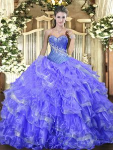 Low Price Organza Sweetheart Sleeveless Lace Up Beading and Ruffled Layers Quince Ball Gowns in Blue