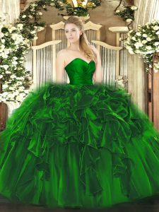 Floor Length Lace Up Sweet 16 Quinceanera Dress Dark Green for Military Ball and Sweet 16 and Quinceanera with Ruffles