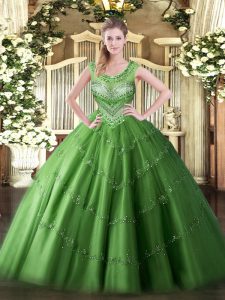 Sweet Tulle Scoop Sleeveless Lace Up Beading and Appliques Sweet 16 Quinceanera Dress in Green