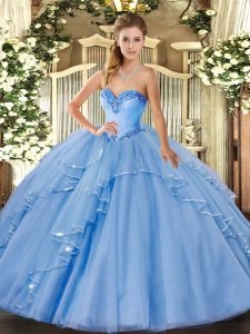 Sexy Sleeveless Tulle Floor Length Lace Up Sweet 16 Dress in Blue with Beading and Ruffles