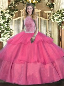 Sleeveless Floor Length Beading and Ruffled Layers Lace Up 15 Quinceanera Dress with Hot Pink