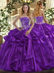 Fitting Floor Length Lace Up Quinceanera Gowns Purple for Military Ball and Sweet 16 and Quinceanera with Beading and Ruffles