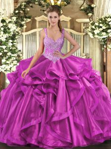 Classical Floor Length Lace Up 15 Quinceanera Dress Fuchsia for Military Ball and Sweet 16 and Quinceanera with Beading and Ruffles